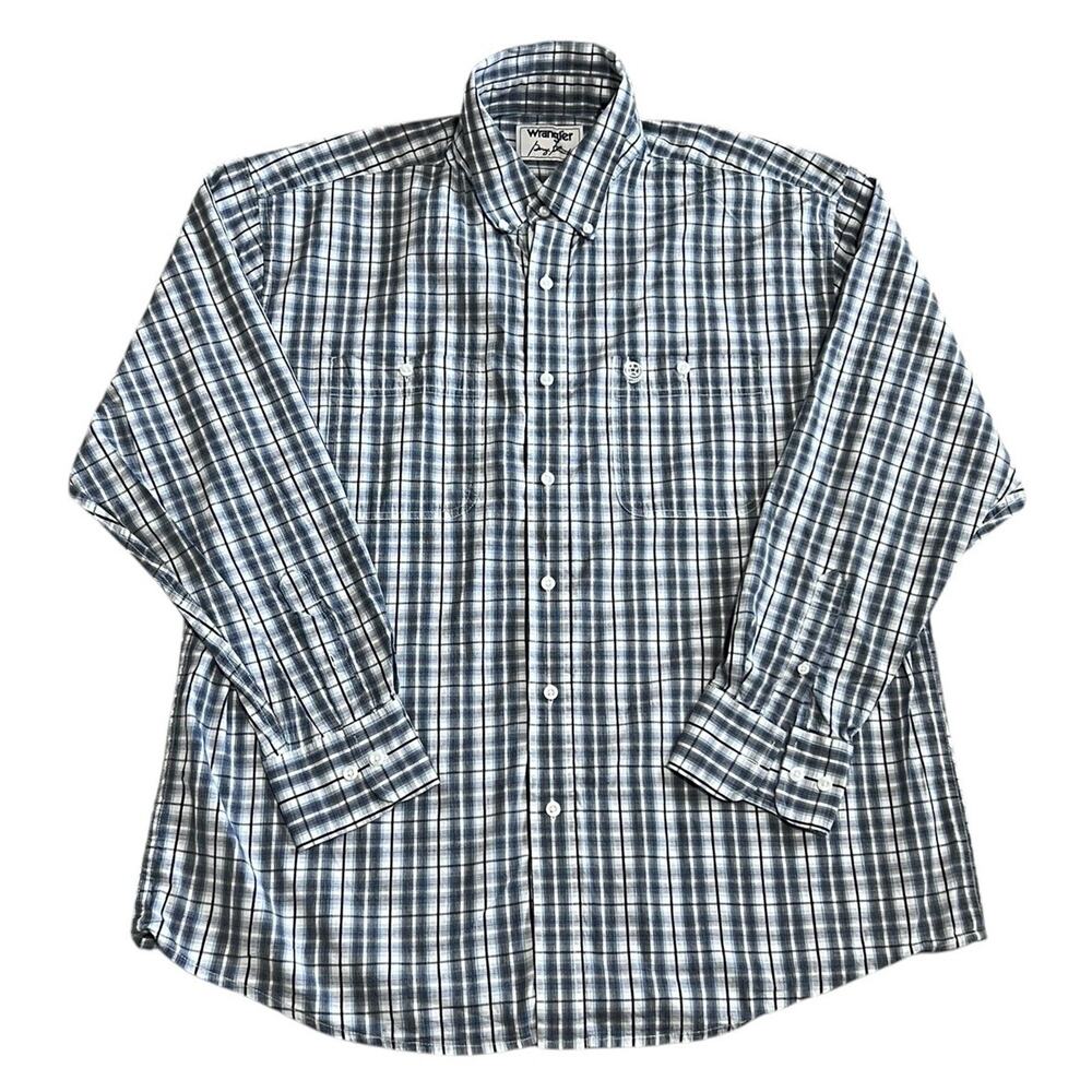 Wrangler George Strait White Navy Blue Plaid Button Down Long Sleeve Shirt XL